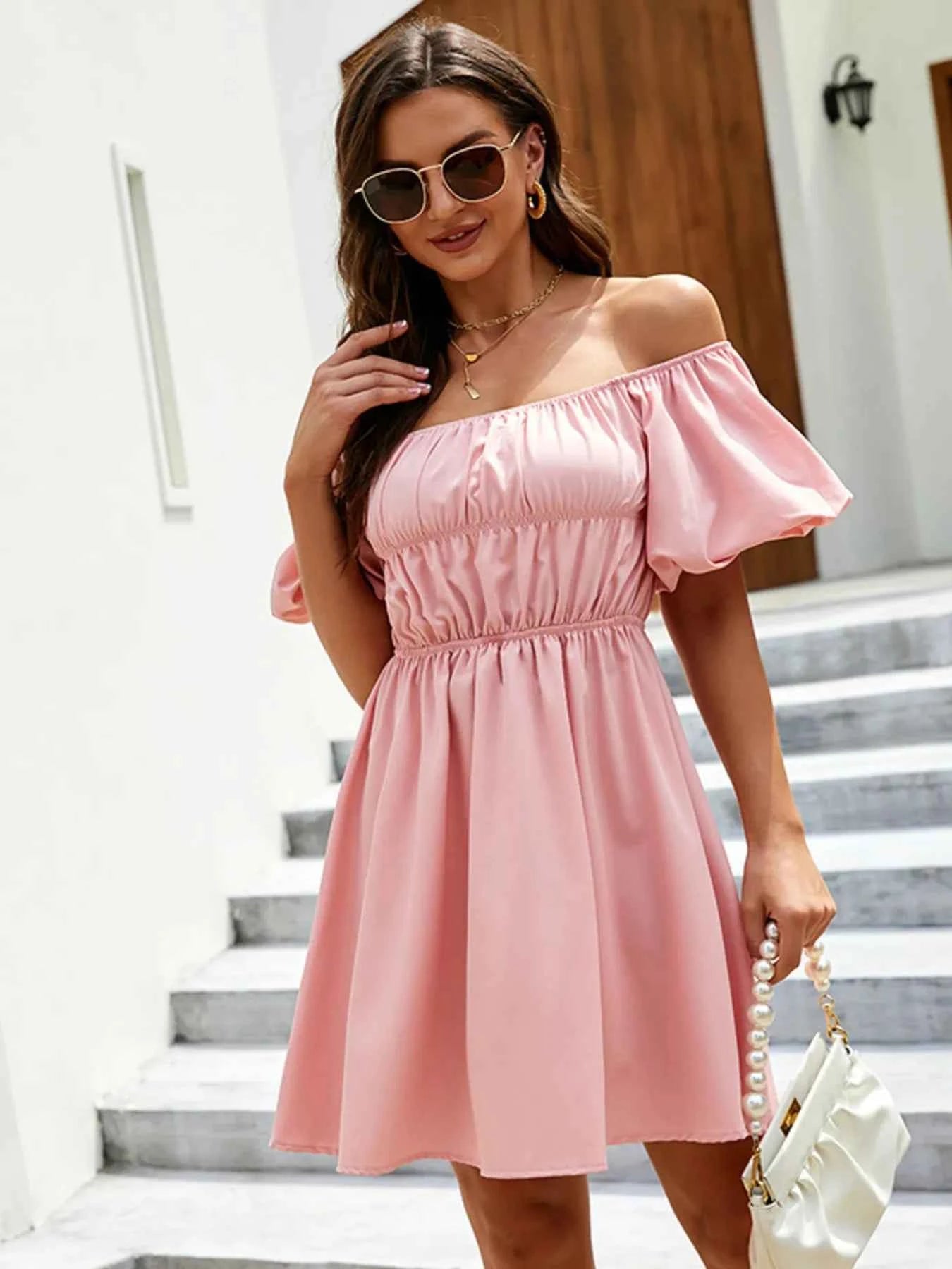 Off-Shoulder Puff Sleeve Mini Dress Blush Pink d445c23dfde84a0dabc2bf741369f642-Max-Origin