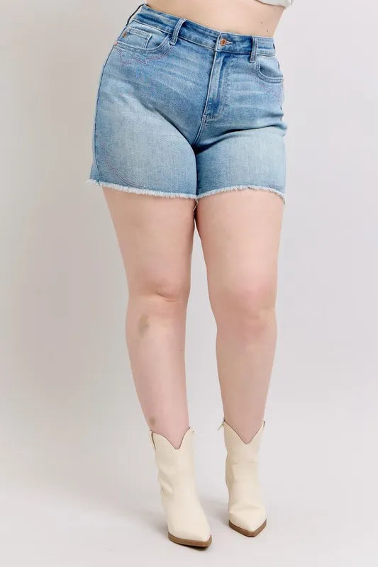 Judy Blue Full Size High Waist Western Embroidery Detail Cut Off Denim Shorts Plus Size d44dfc40-d3e5-435b-b9a5-ae23058e13ca-Max-Origin