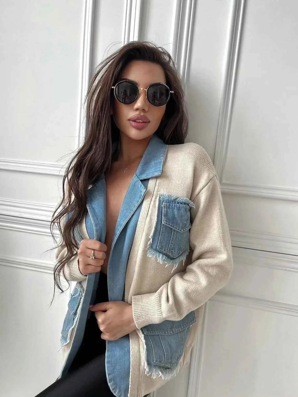 Raw Hem Denim Pocket Patchwork Cardigan d47307fb5bdb45788d31a7c74dc5771a-Max-Origin