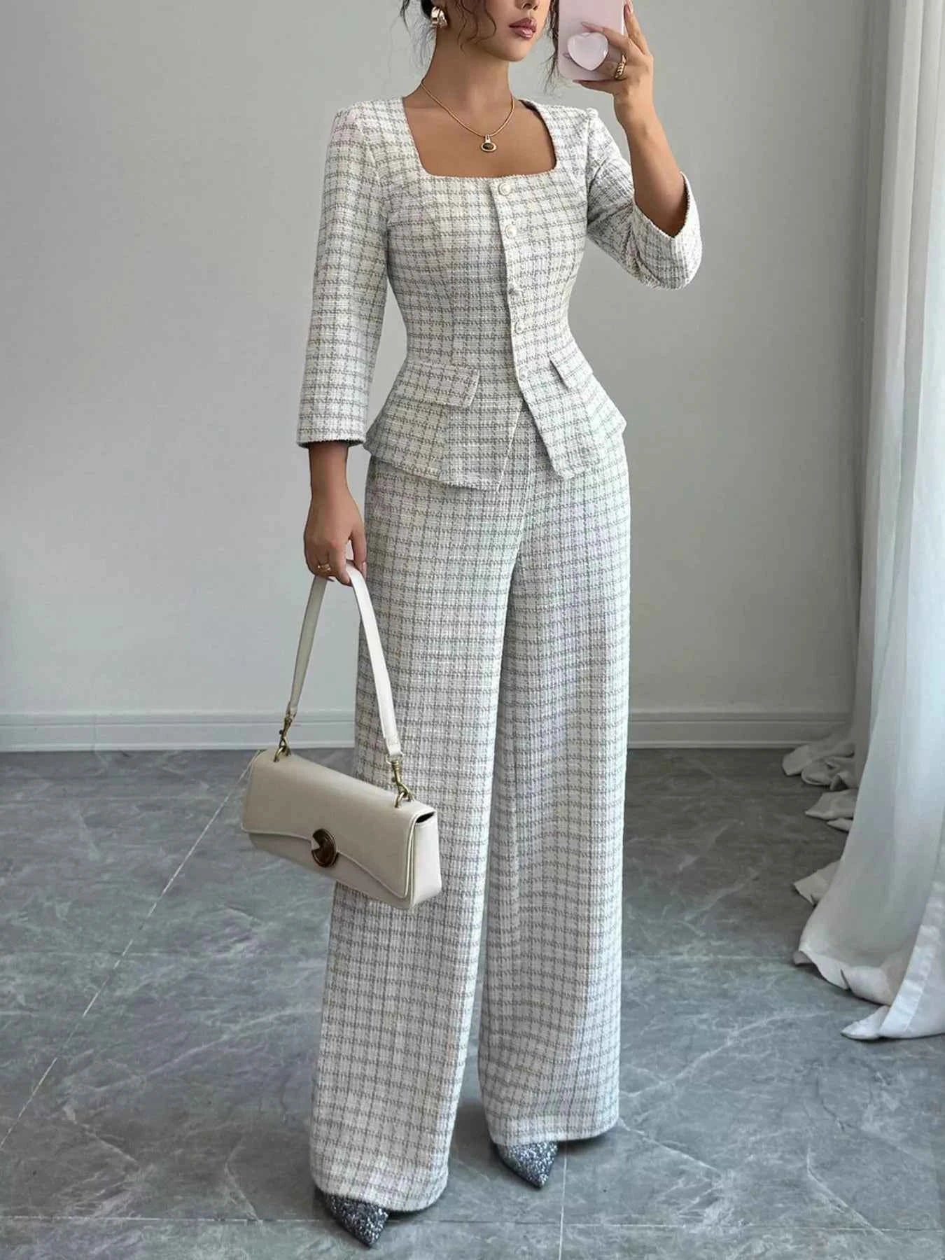 Plaid Square Neck Button Up Top and Pants Set d47834c0-9dd2-4b06-a5e8-23fb4d305b7e-Max-Origin
