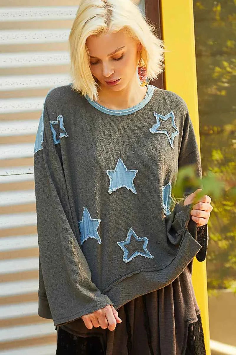 POL Exposed Seam Relaxed Fit Sweater with Star Denim Patch d47f0ae9-9a7c-4acd-b7db-9913e0f31a30-Max-Origin