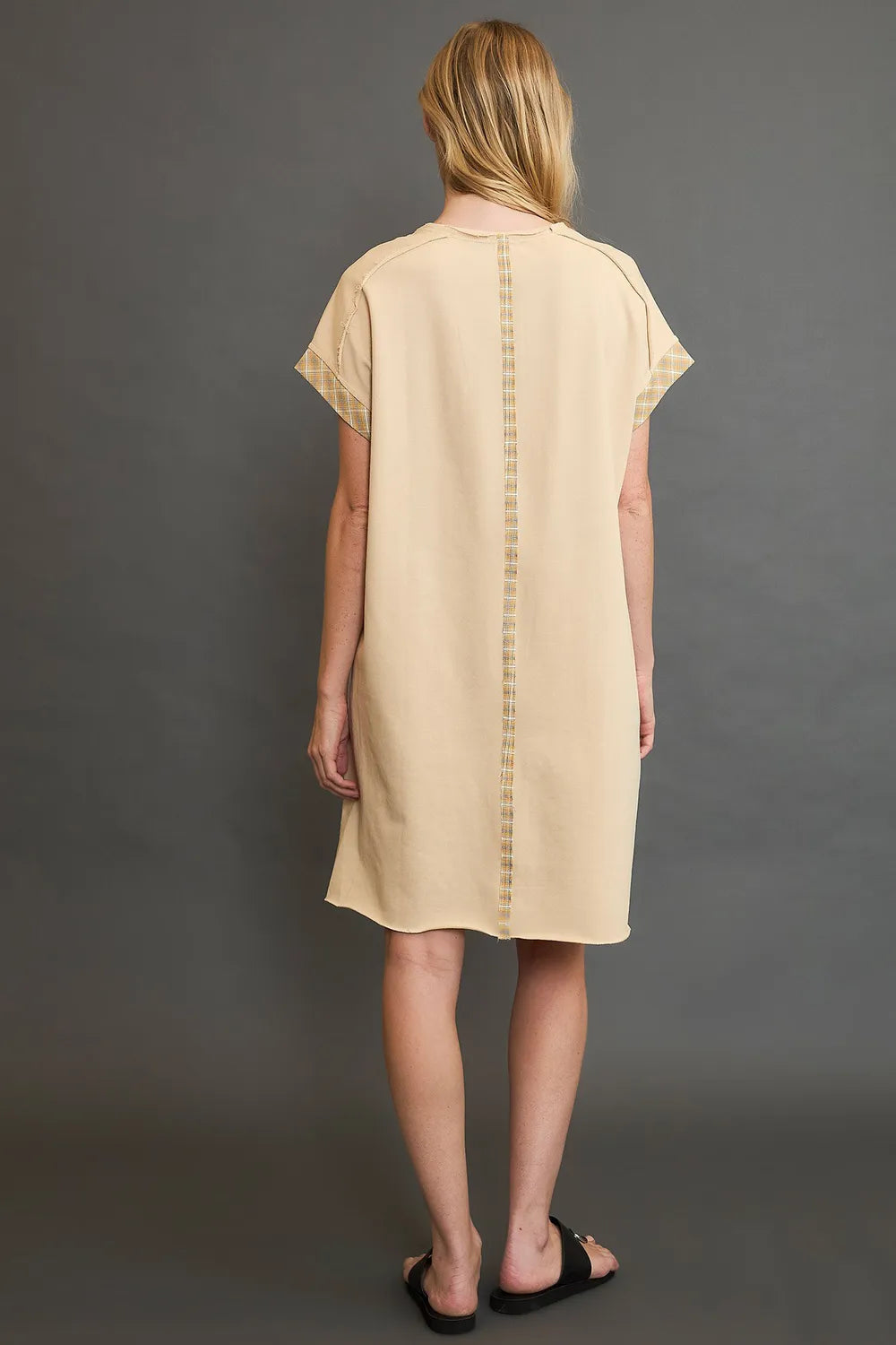 Umgee Peace Plaid Applique Short Sleeve Mini Dress d4854d07-6dd5-4ed6-8c47-db1f1b7f3bf9-Max