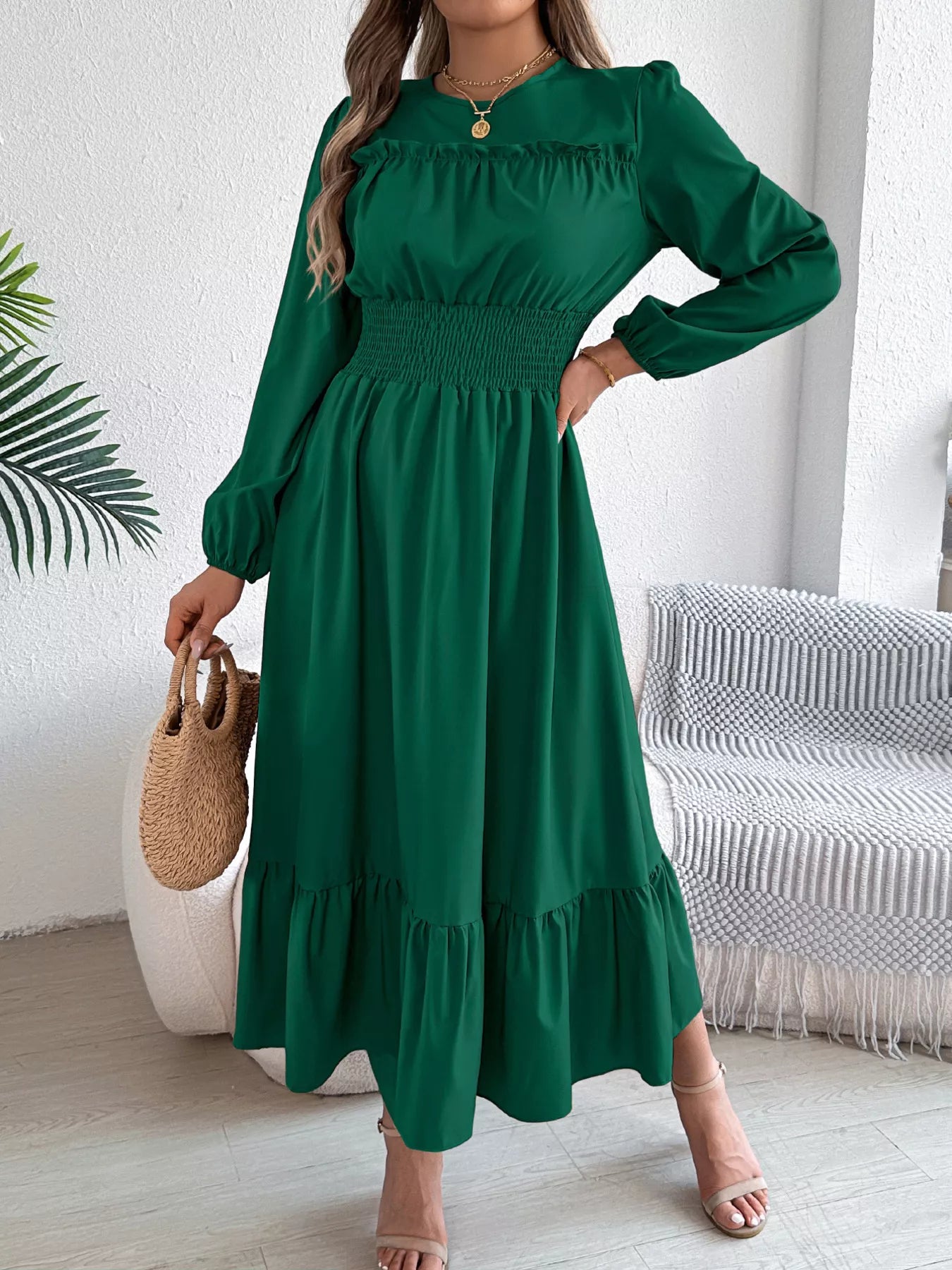 Round Neck Balloon Sleeve Tiered Dress Dark Green d48cfc300e814537bacdcb8291a4d4e4-Max-Origin