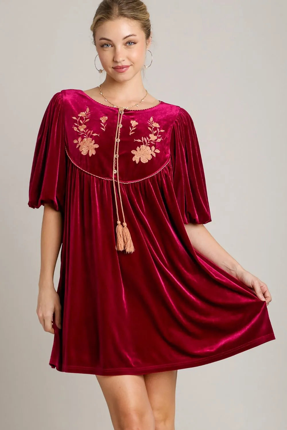 Umgee Embroidered Half Sleeve Velvet Mini Dress with Tassel Burgundy d4980a3f-d0a9-4904-8ce4-d8f895fac409-Max