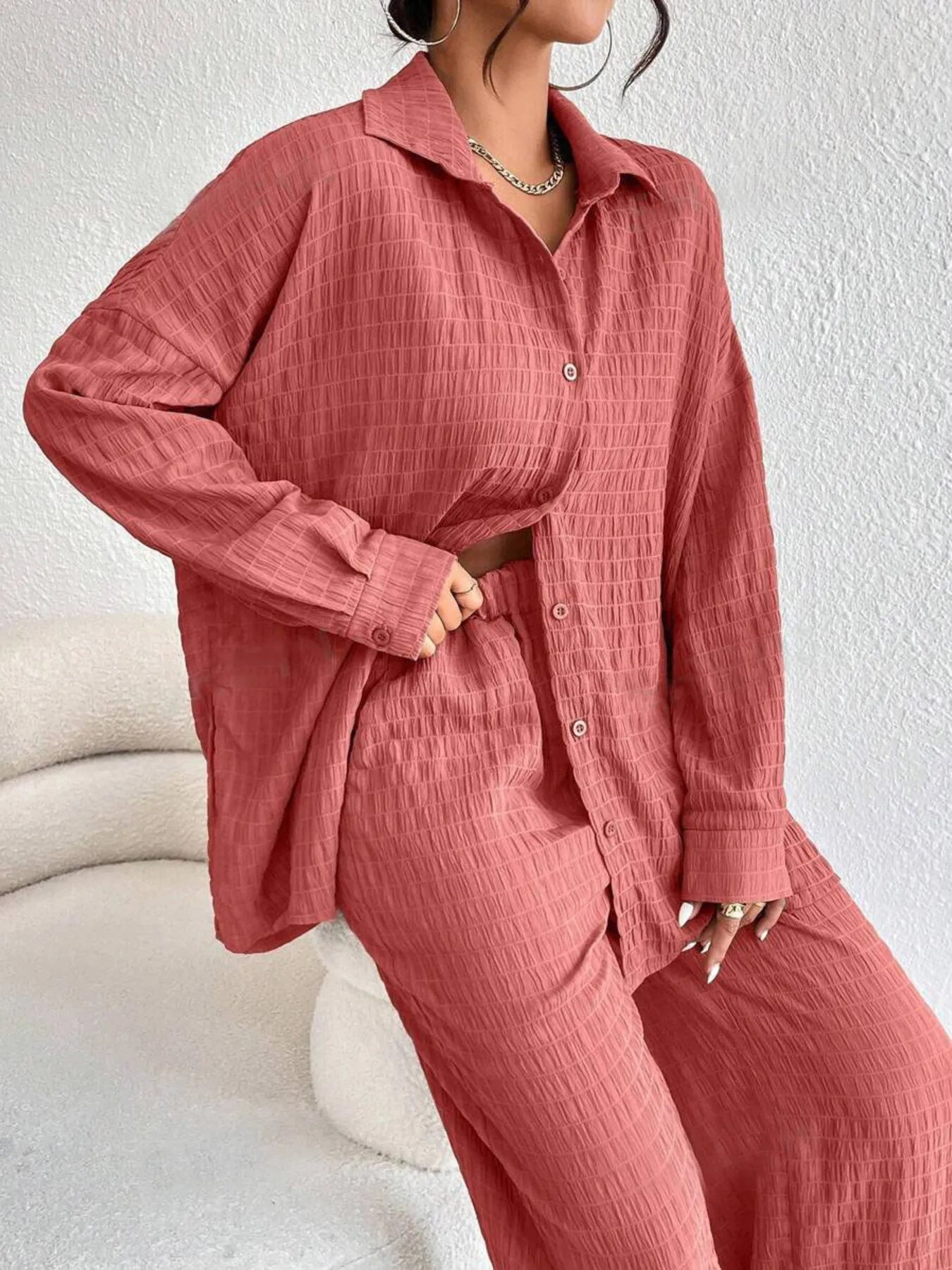 Button Up Long Sleeve Shirt and Pants Set d49feae18de748a18453ae5072f00177-Max-Origin