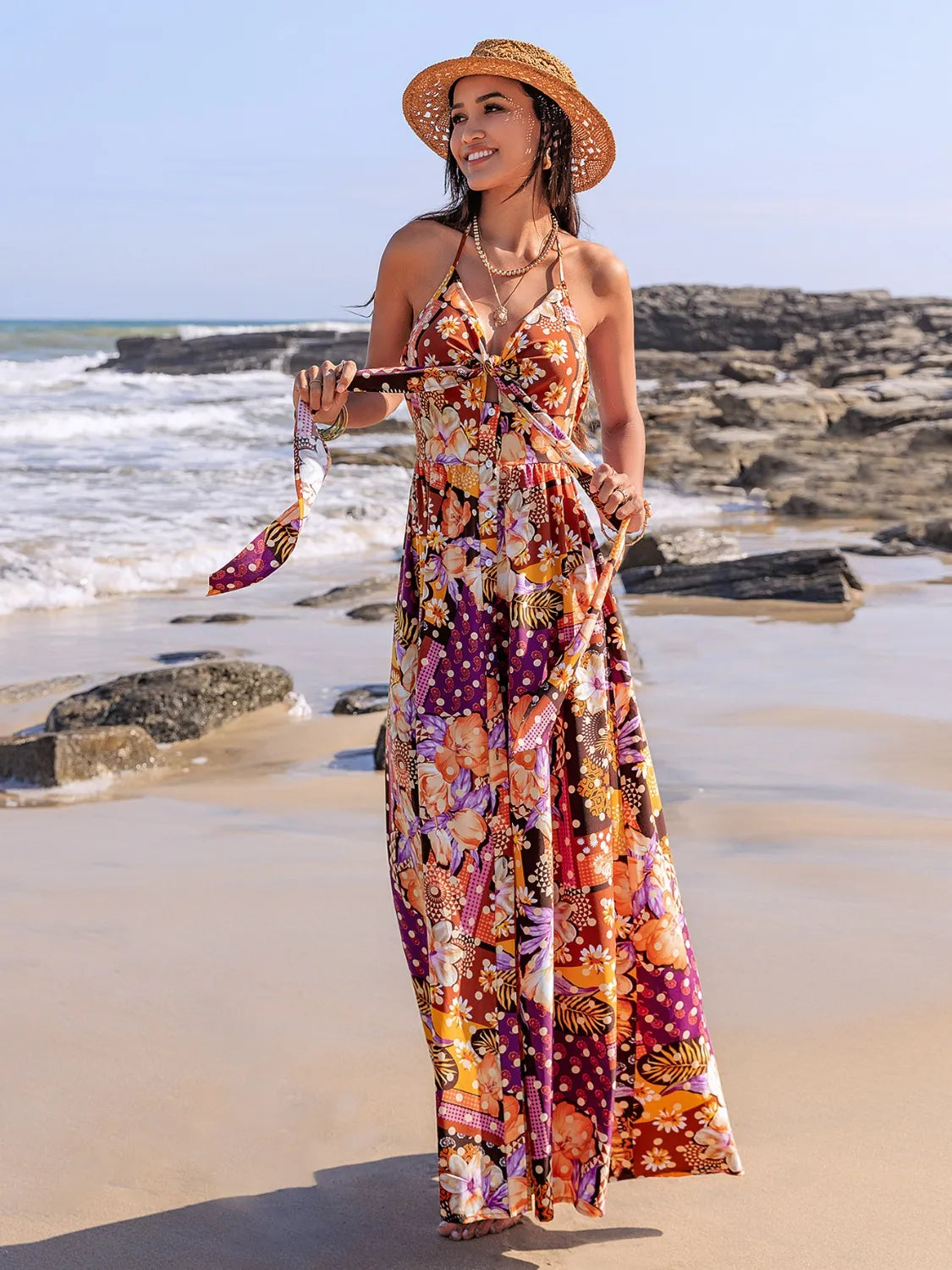 Slit Printed Halter Neck Cami Dress d4aaa9e9-17a0-4e48-9a7d-ed52f3891126-Max-Origin