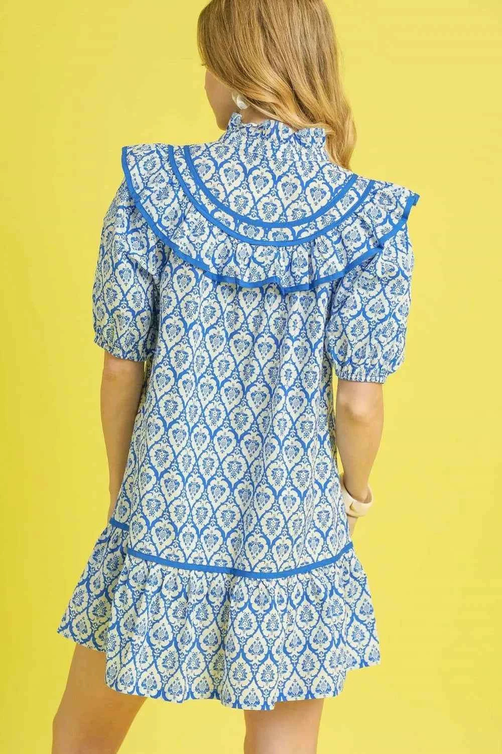 Umgee Ruffled Printed Puff Sleeve Mini Dress d4b9570e-24a5-4de9-a863-23583deda485-Max-Origin