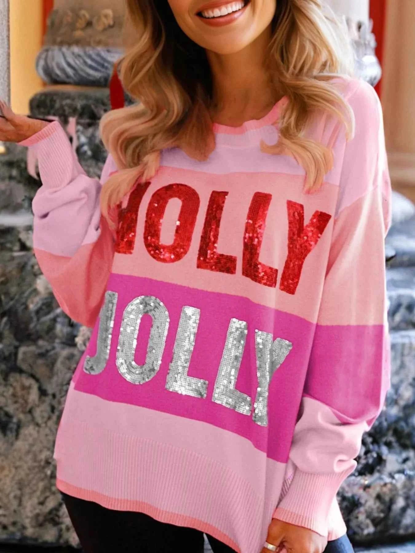 Sequined HOLLY JOLLY Color Block Crew Neck Sweater Pink d4c4cb4c-9380-4507-af04-1bd55a0b912a-Max-Origin