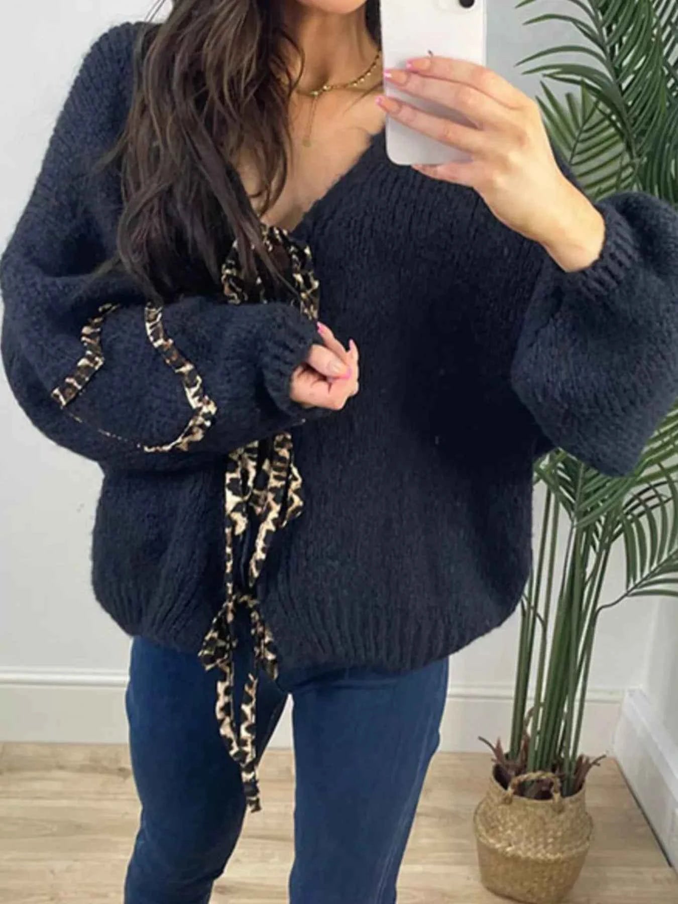 Tie Front Long Sleeve Sweater Dark Blue d4d18170-1b6a-4687-9abd-4ac7e7f948a3-Max-Origin