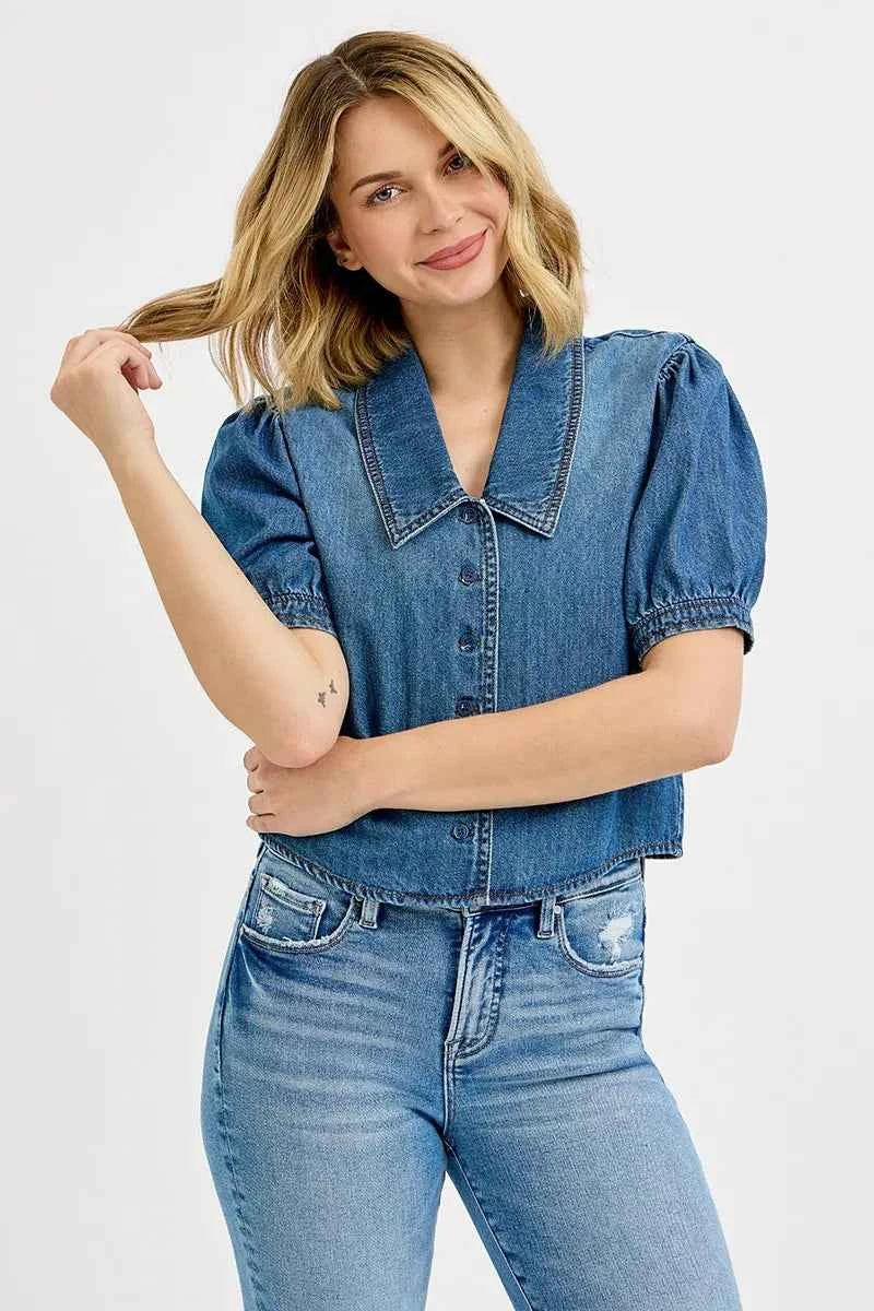 RISEN Button Down Puff Sleeve Crop Denim Shirt d4d7790a33684e85b560d322dbb096d9-Max-Origin