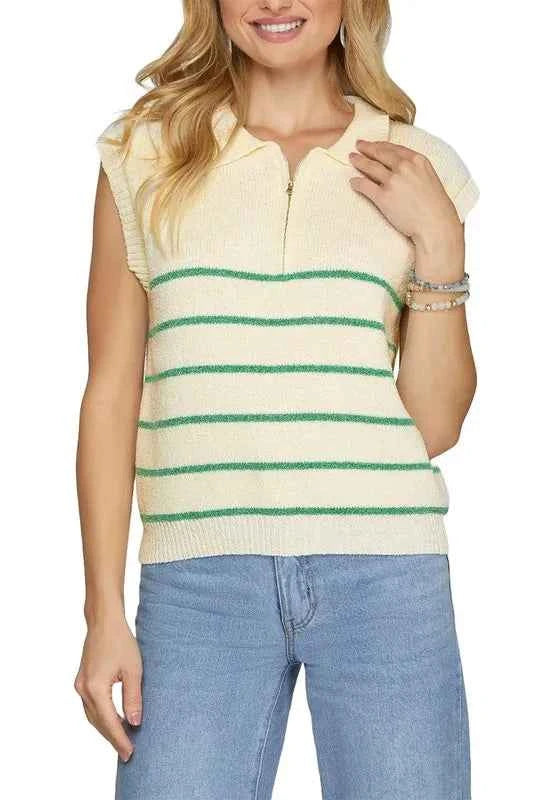 She + Sky Full Size Ribbed Hem Striped Half Zip Sweater Vest Plus Size Green d4fb2939-697f-4309-8c96-5b48227f27de-Max