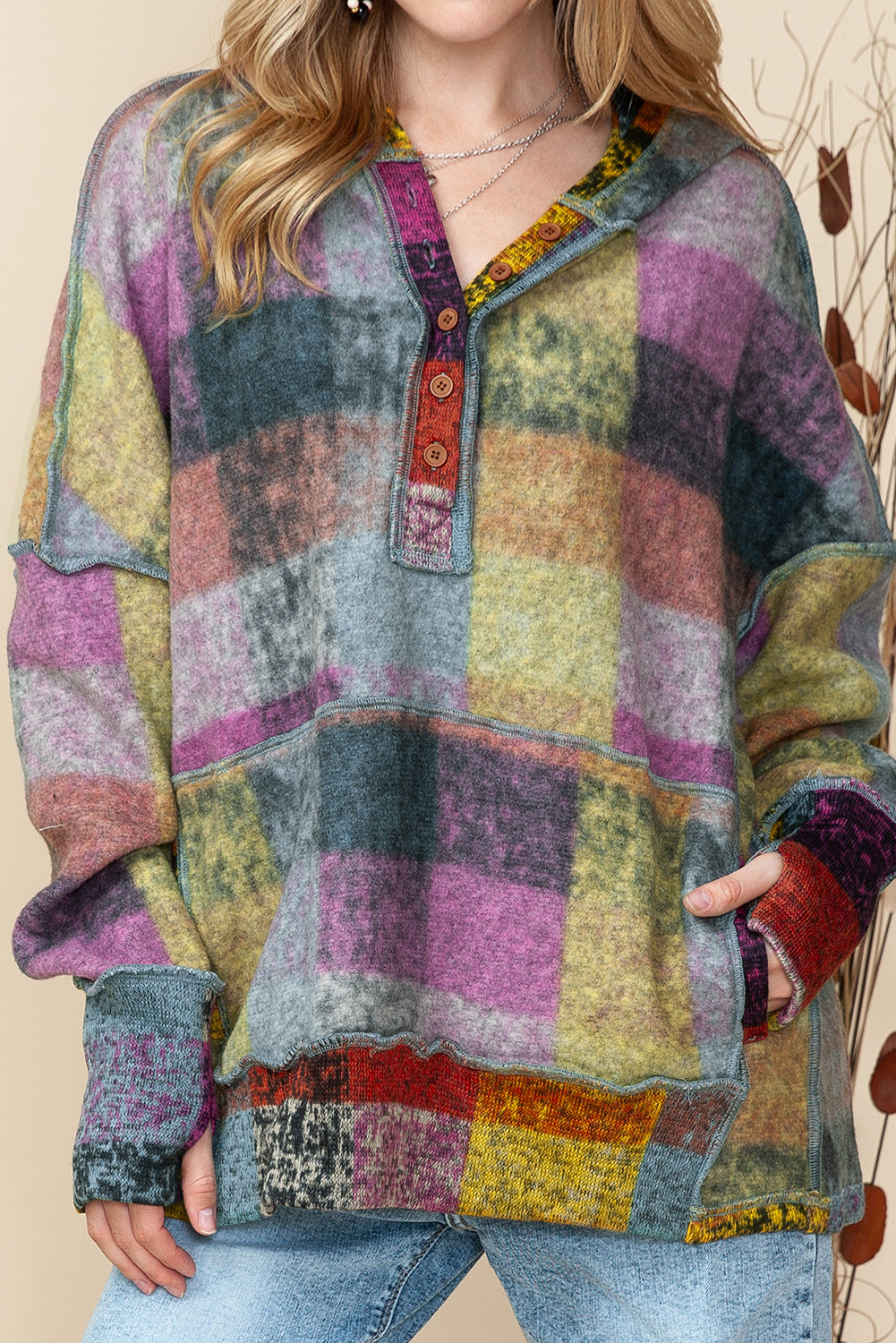 Multicolor Brushed Check Kangaroo Pocket Thumbholes Henley Hoodie d50c60435caf5f83