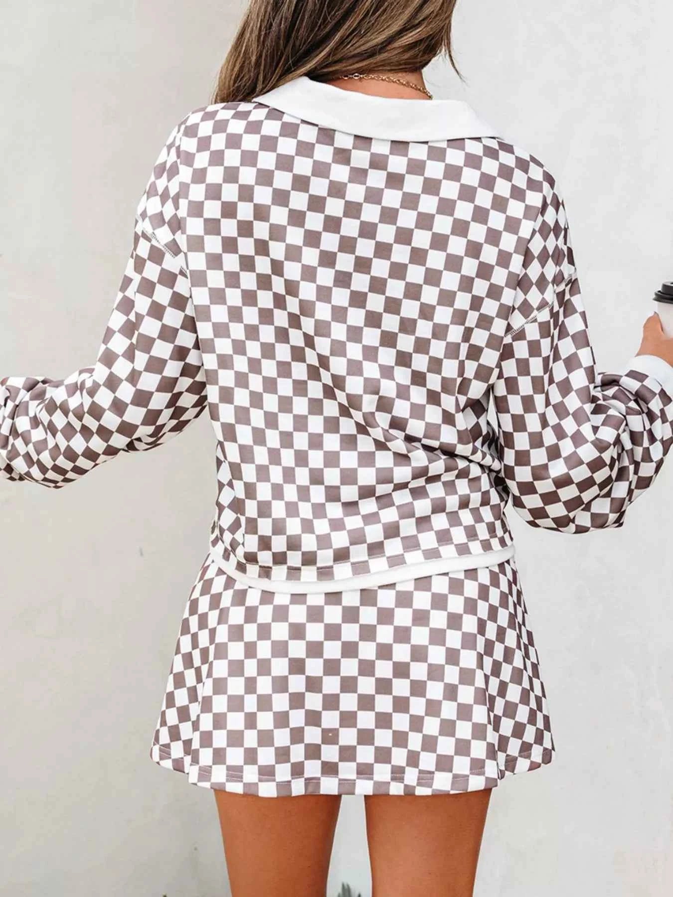 Checkered Print Polo Collar Cropped Long Sleeve Top and Drawstring Mini Skirt Set d510a53a-eb94-44e8-a5ba-da8a2c9784c9-Max-Origin
