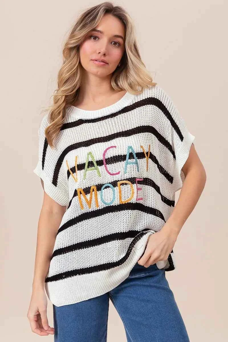 BiBi Vacay Mode Lettering Drop Shoulder Striped Sweater BLACK d51f7d932c7d4baf82d95010845630c4-Max-Origin