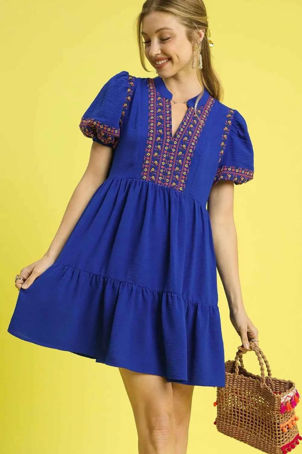 Umgee Floral Trim Puff Sleeve Mini Dress Dark Blue d52666ff-2a31-49d0-b5cf-906056089bc5-Max-Origin