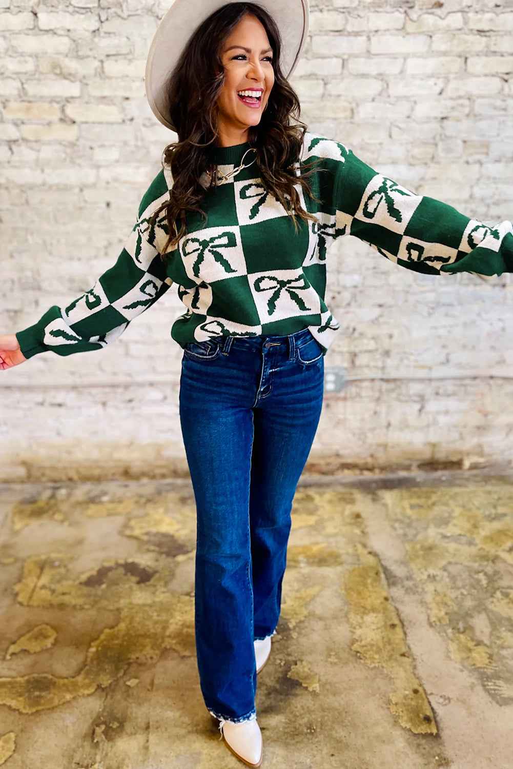Blackish Green Bow Print Checkered Knit Sweater d53a6c1557d424ae