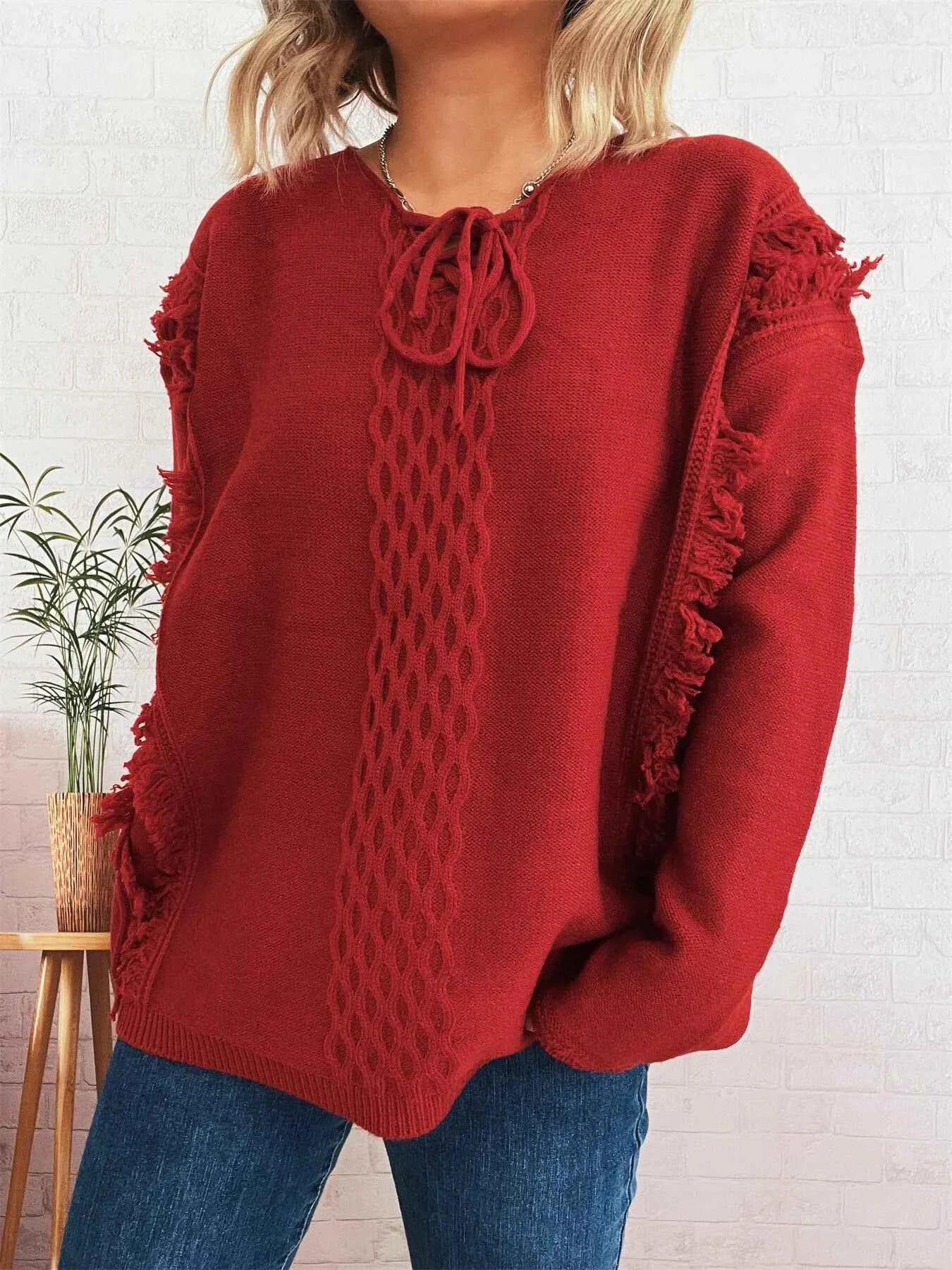 Raw Hem Lace Up Front Sweater d53b8a235de04fcaac463fbd24ea0499-Max-Origin