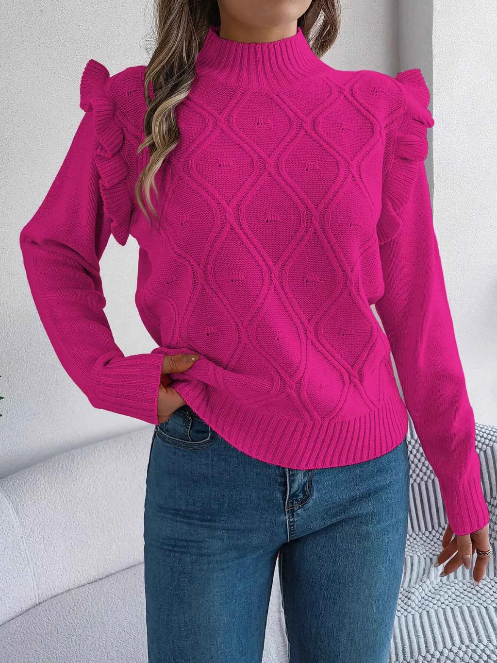 Mock Neck Ruffle Trim Long Sleeve Sweater d5410ccb887746b99fc0e6edb45dcdcb-Max-Origin