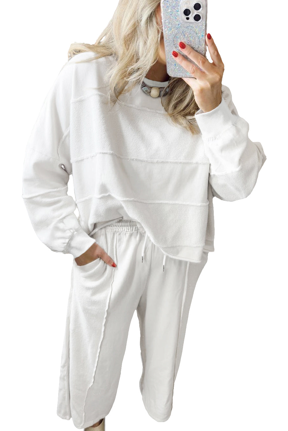 White Textured Raw Seam Plus Size Pullover Top and Drawstring Pants Set White 65%Polyester+35%Cotton d5494dc19dc5798c
