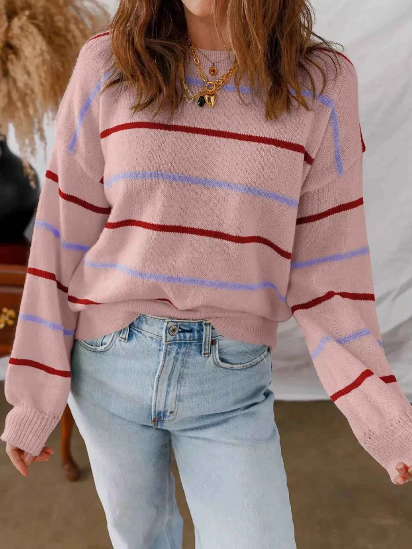 Striped Round Neck Drop Shoulder Sweater Pink d55df82aadfd4c9ab2670e4475c3811a-Max-Origin