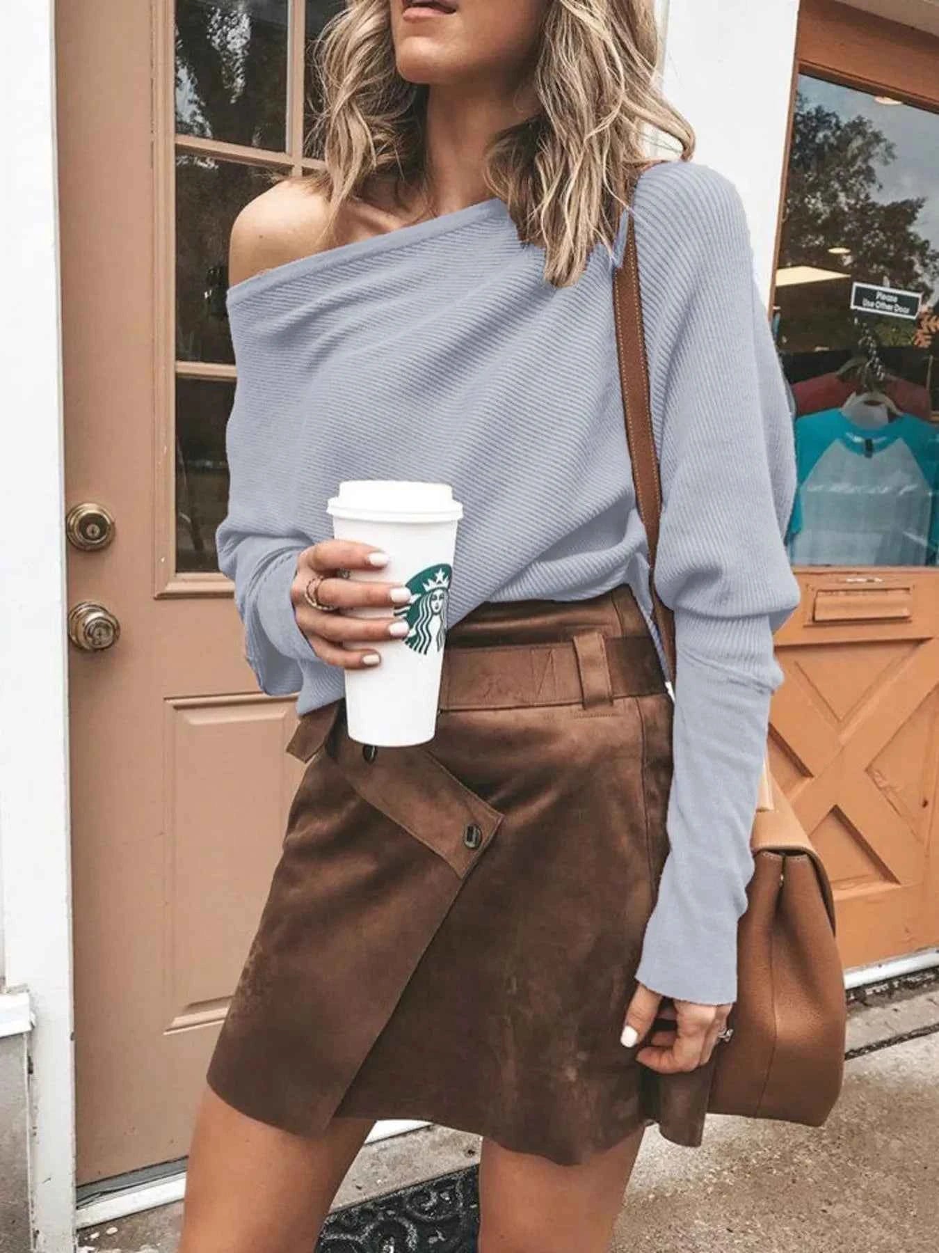 Full Size One-Shoulder Ribbed Sweater Plus Size Grey d56e7722-c39a-4889-9b8d-512d51baa994-Max-Origin