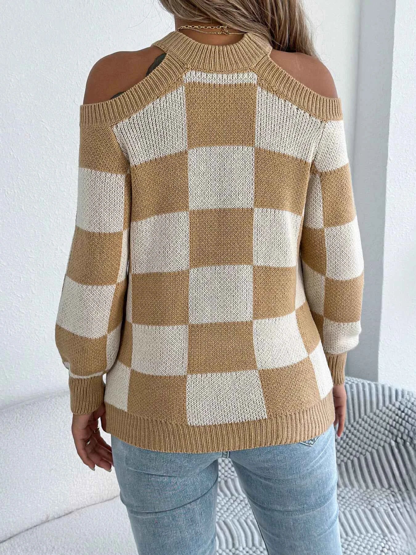 Cold Shoulder Checkered Long Sleeve Sweater d570550c73fb40159395c4f7d588a809-Max-Origin