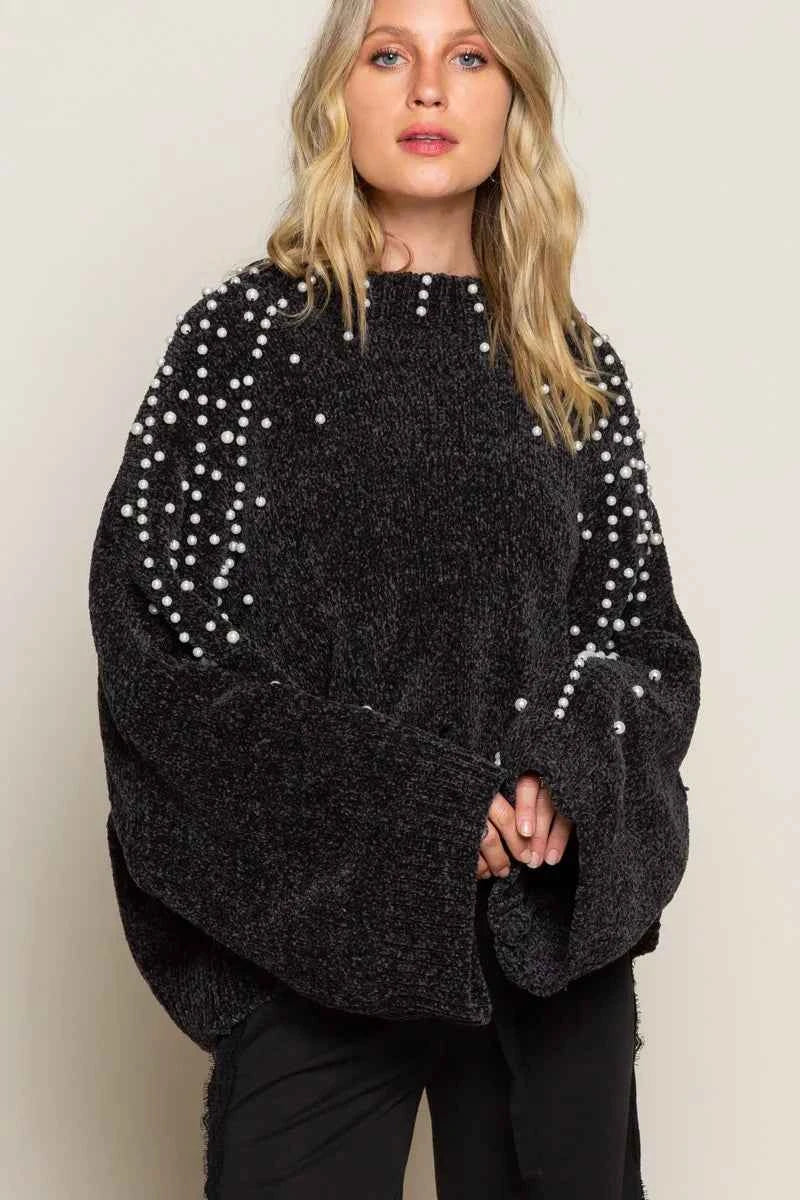 POL Oversized Pearl Embellished Sweater Black d57171db-e9b1-473e-a719-6e53aa39b0b8-Max-Origin
