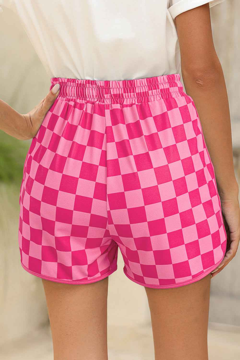 Rose Checkered Drawstring Elastic Waist Casual Shorts d5953add6dc46ed7