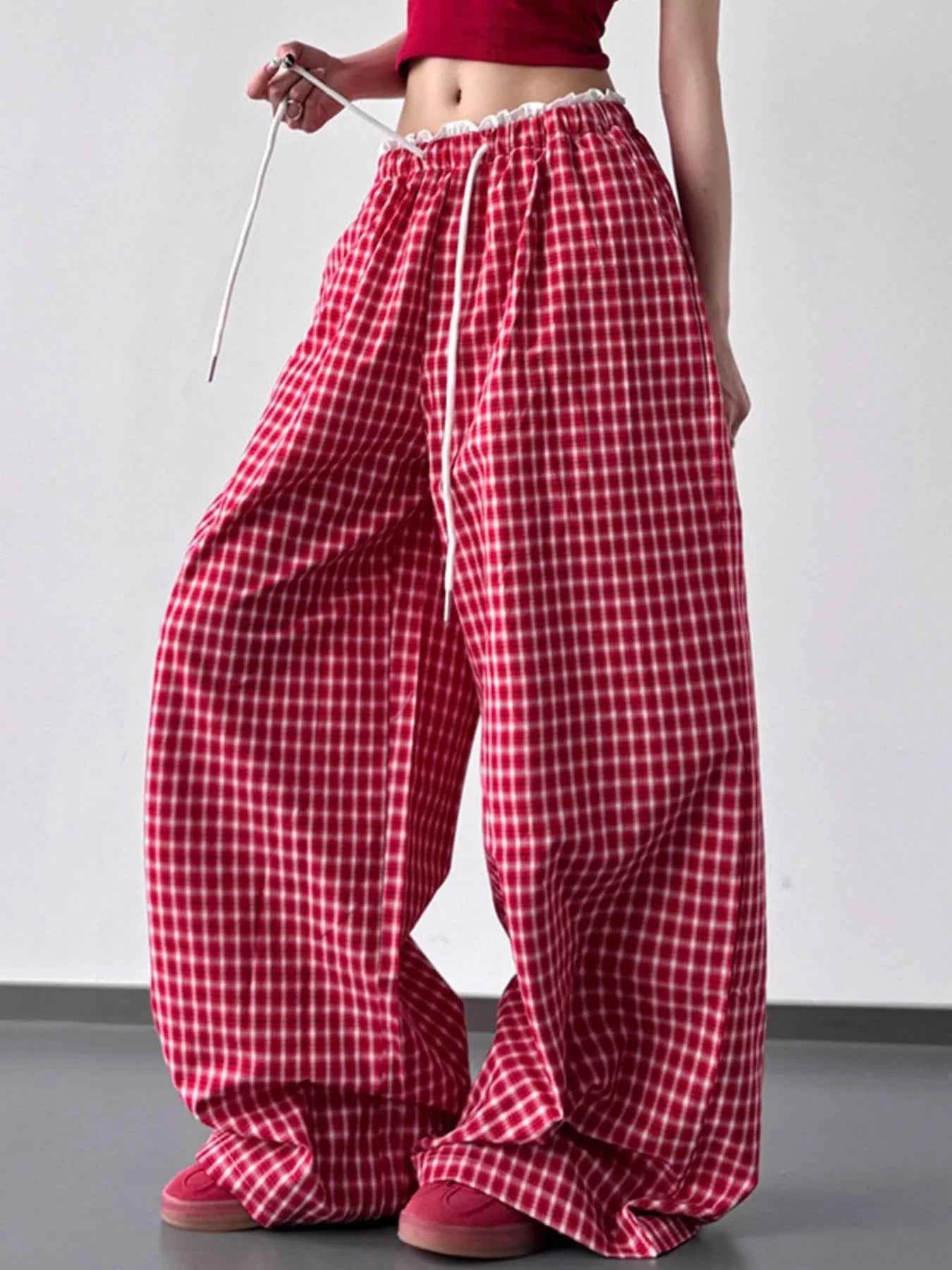 Drawstring Plaid Wide Leg Pants Red d5a37c85-7908-41e4-998a-204fd102453f-Max-Origin