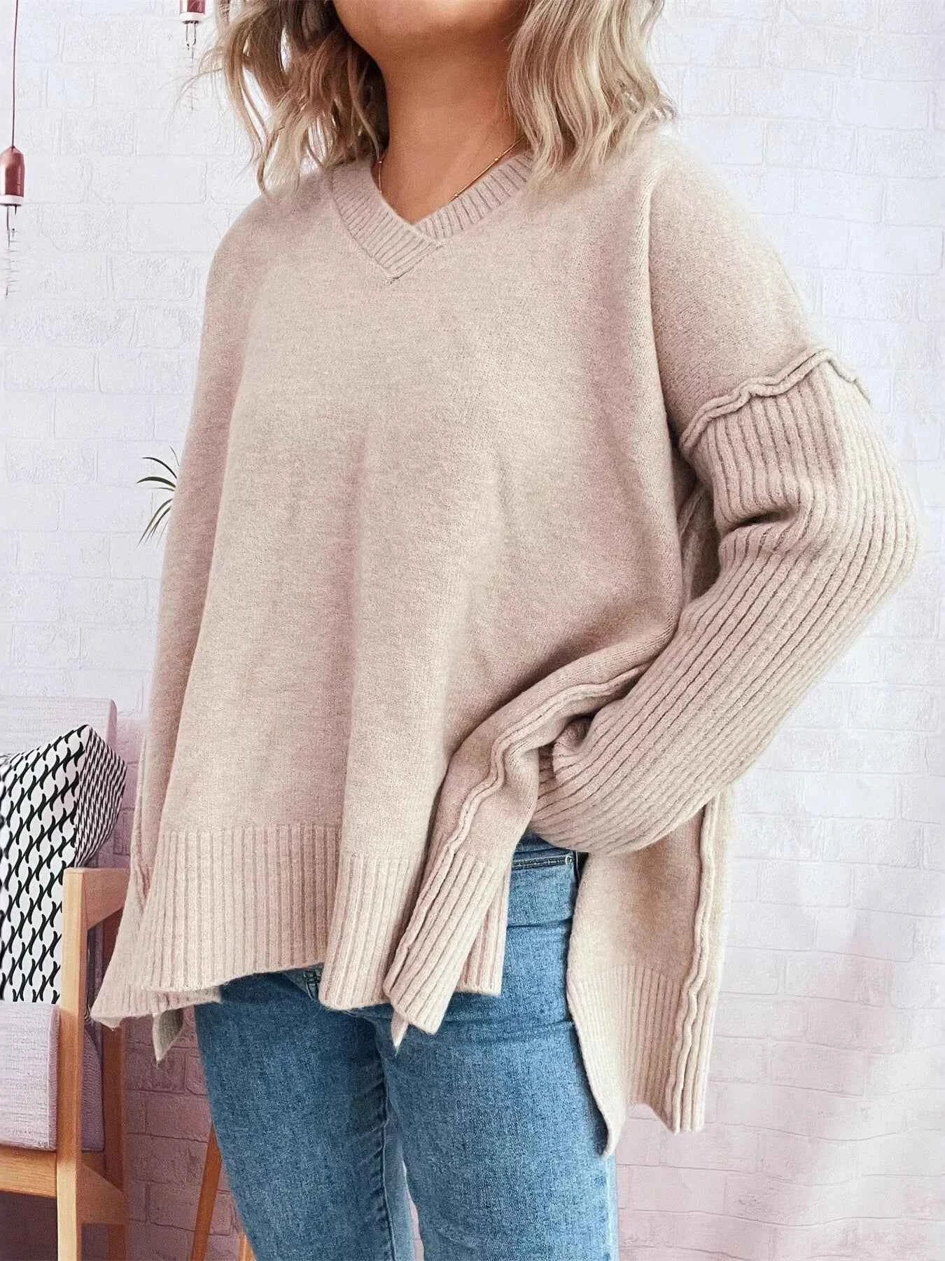 V-Neck Dropped Shoulder Sweater Beige One Size d5af304789dd422498660d64dc9ab2eb-Max-Origin