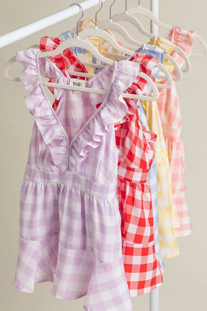 BiBi Ruffled Neckline Sleeveless Check Plaid Peplum Top d5be43f860214b32b0f6f82a7a74c6b9-Max-Origin