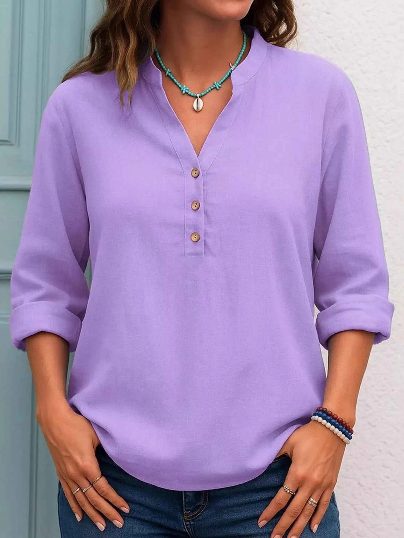Full Size Button Detail Notched Long Sleeve Blouse Plus Size Purple d5c9c38d90c64d878bfee3d05b0fbbff-Max-Origin