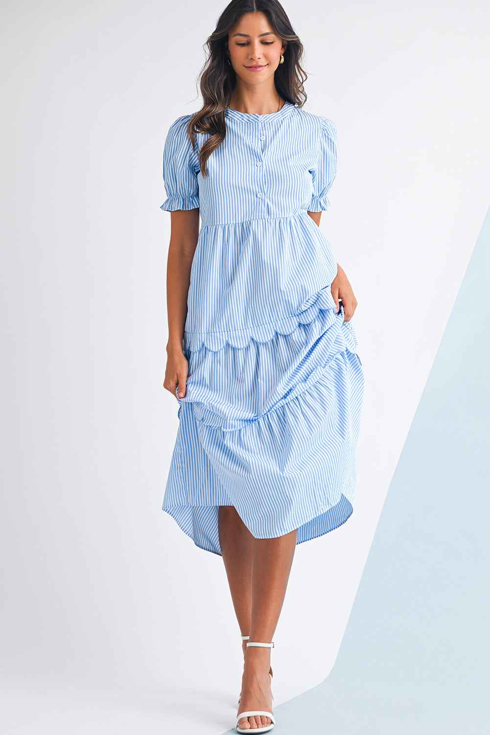 Sky Blue Stripe Bubble Sleeve Scallop Tiered Dress d5d5fd0da475123b