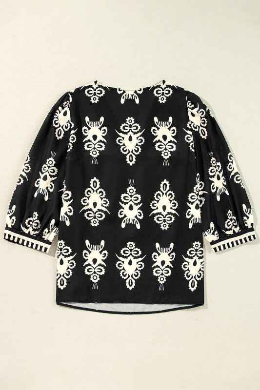 Vintage Geometric Printed V Neck Blouse d5deba33-2b55-451d-ad36-d97b2df00b2b
