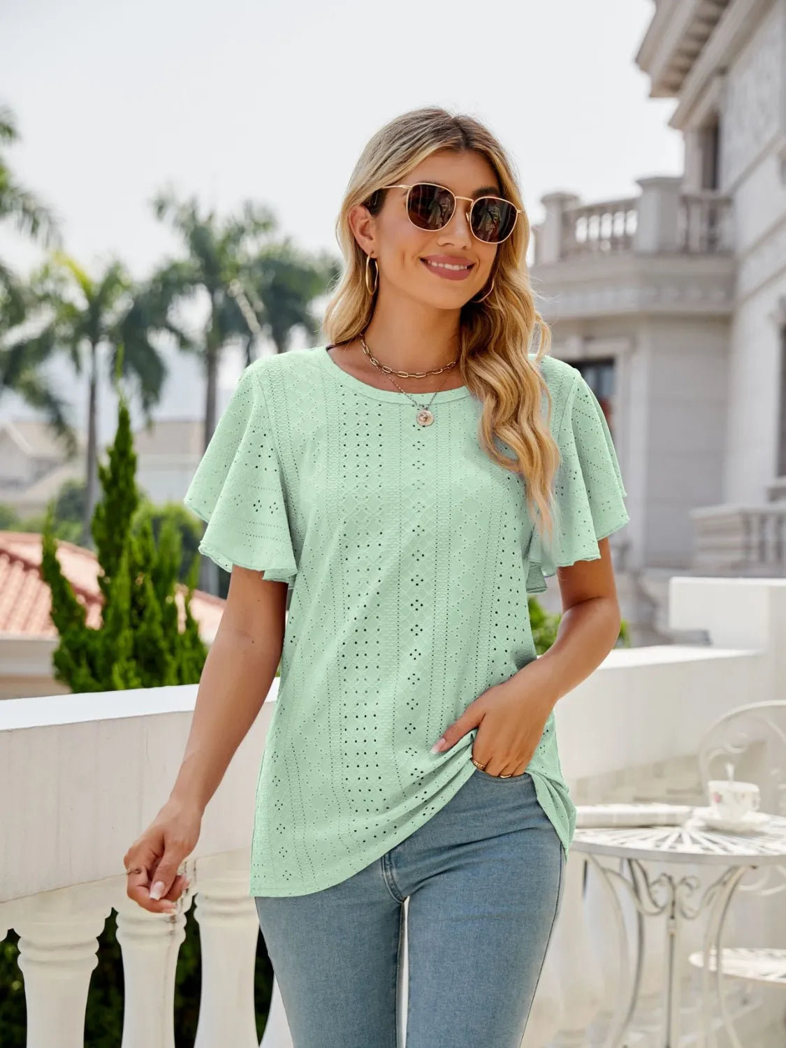 Eyelet Round Neck Flutter Sleeve T-Shirt d5e0b1c8-3ad6-41ce-a4f8-89e4640fb7cb-Max-Origin