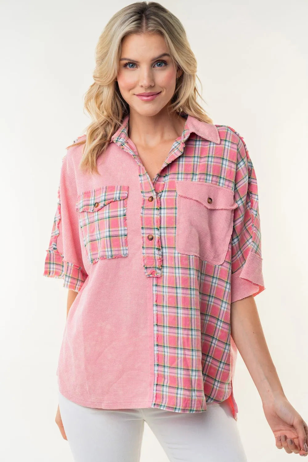 White Birch Plaid Color Block Half Button Top Rose d60fa399-25c4-4d25-ac89-a80f4e1a2427-Max