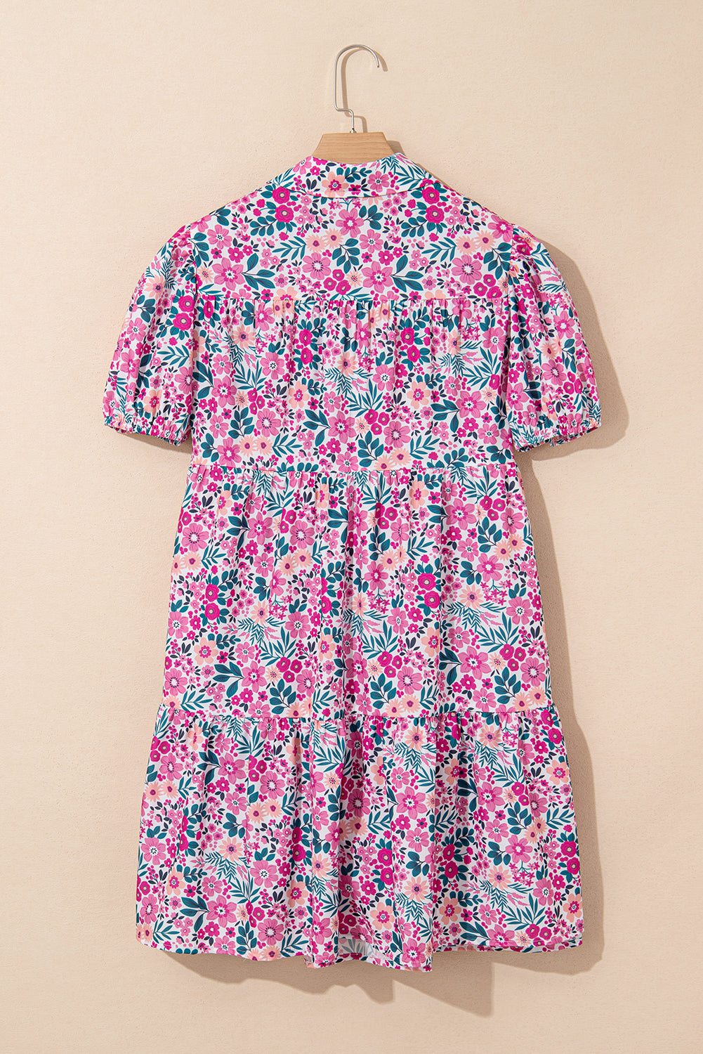 Pink Allover Floral Print Collar Half Button Short Sleeve Loose Dress d623cfabcf30f986