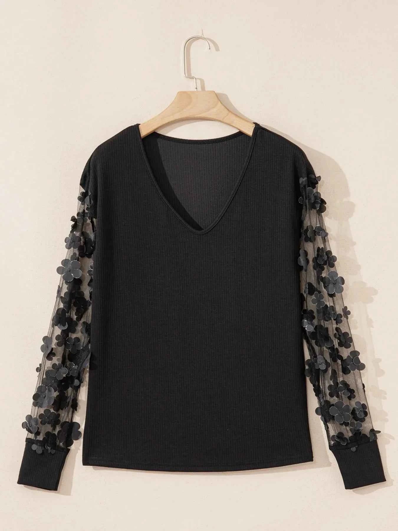 Flower Sheer Sleeve V-Neck Blouse d628357b-30b9-4e67-b64b-81d31f840794-Max-Origin