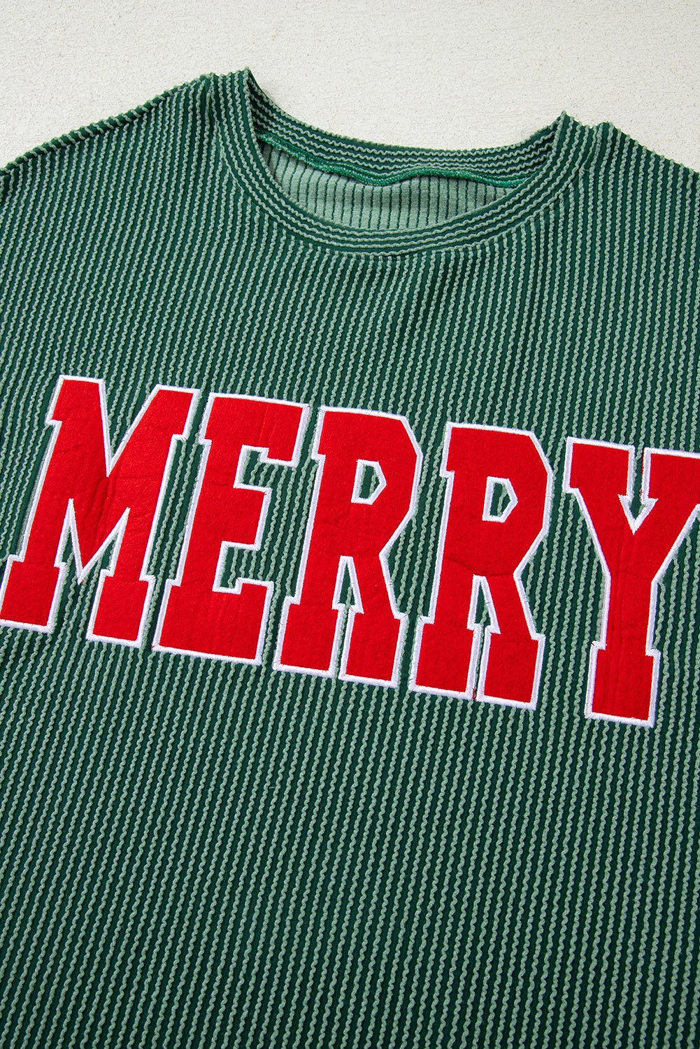 Evergreen Twisted Rib Merry Letter Graphic Loose Long Sleeve Top