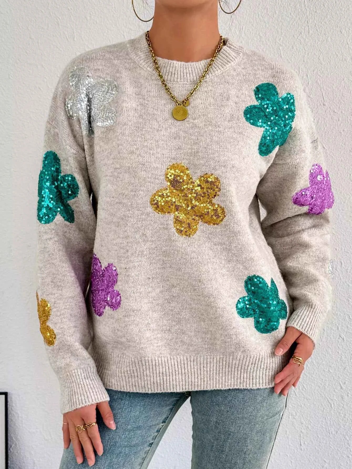 Sequined Floral Round Neck Sweater Dust Storm One Size d63ba7b6-811d-40af-9611-4a957c0bc0f7-Max-Origin