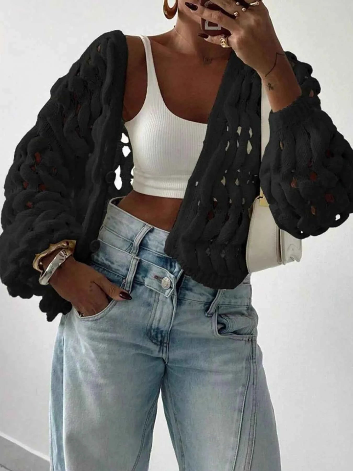 Openwork Button Up V-Neck Cardigan d659f0e3-c6a3-41be-ae34-fff1e043a56c-Max-Origin