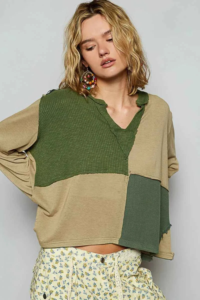 POL Color Block Notched Long Sleeve T-Shirt Matcha Green d664ad9d-4240-4c14-9b08-375a38d61eb4-Max-Origin