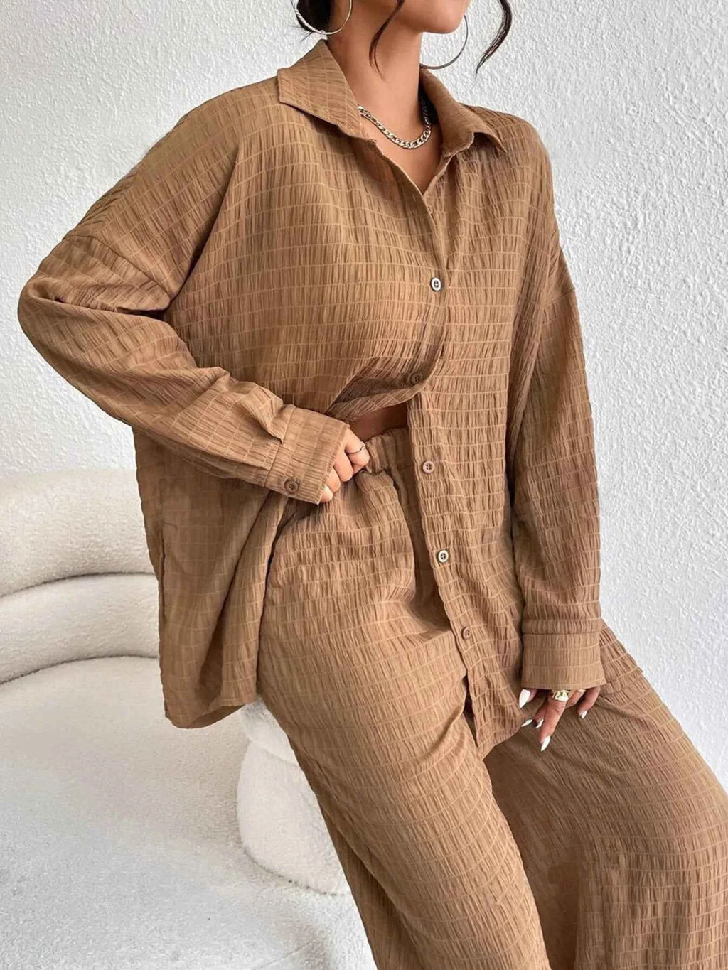 Button Up Long Sleeve Shirt and Pants Set d67f2edc98aa44b29ddde12993fa457e-Max-Origin