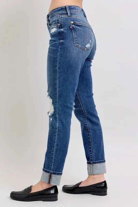 Judy Blue Full Size Mid Rise Boyfriend destroy Jeans with Yoke Pockets and Faux Selvedge Cuff Plus Size d6882366d1dd41909408f732f2752416-Max-Origin