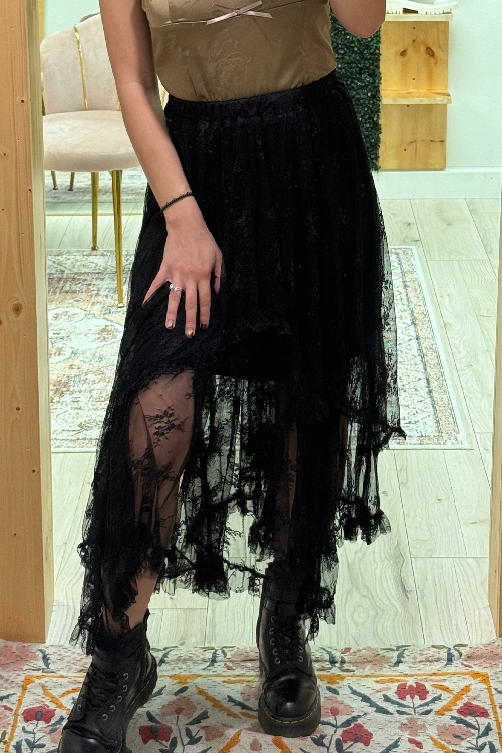 Apricot Lace Cascading Tiered High Waist Maxi Skirt Black d688a7c675de48ba
