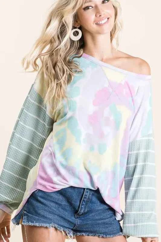 BiBi Tie Dye Terry Top with Wide Stripe Thermal Waffle d696ccec507f4c91bc4dba50e0525a5e-Max-Origin