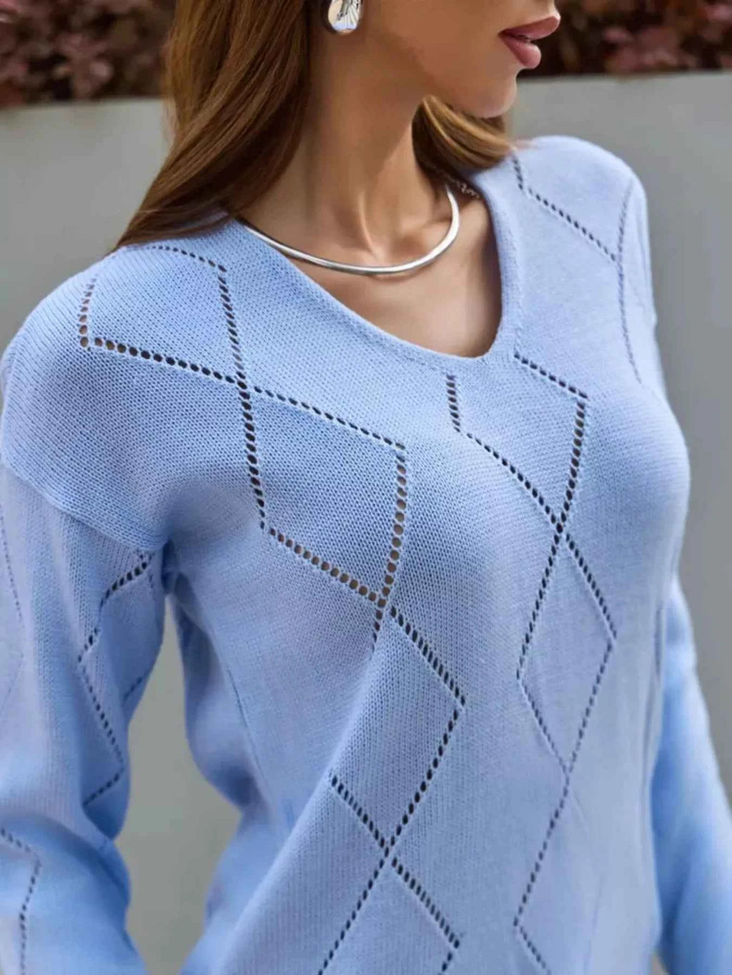 Openwork V-Neck Long Sleeve Sweater d69bcf4ce36946be93b9c4f50c8a5c2e-Max-Origin