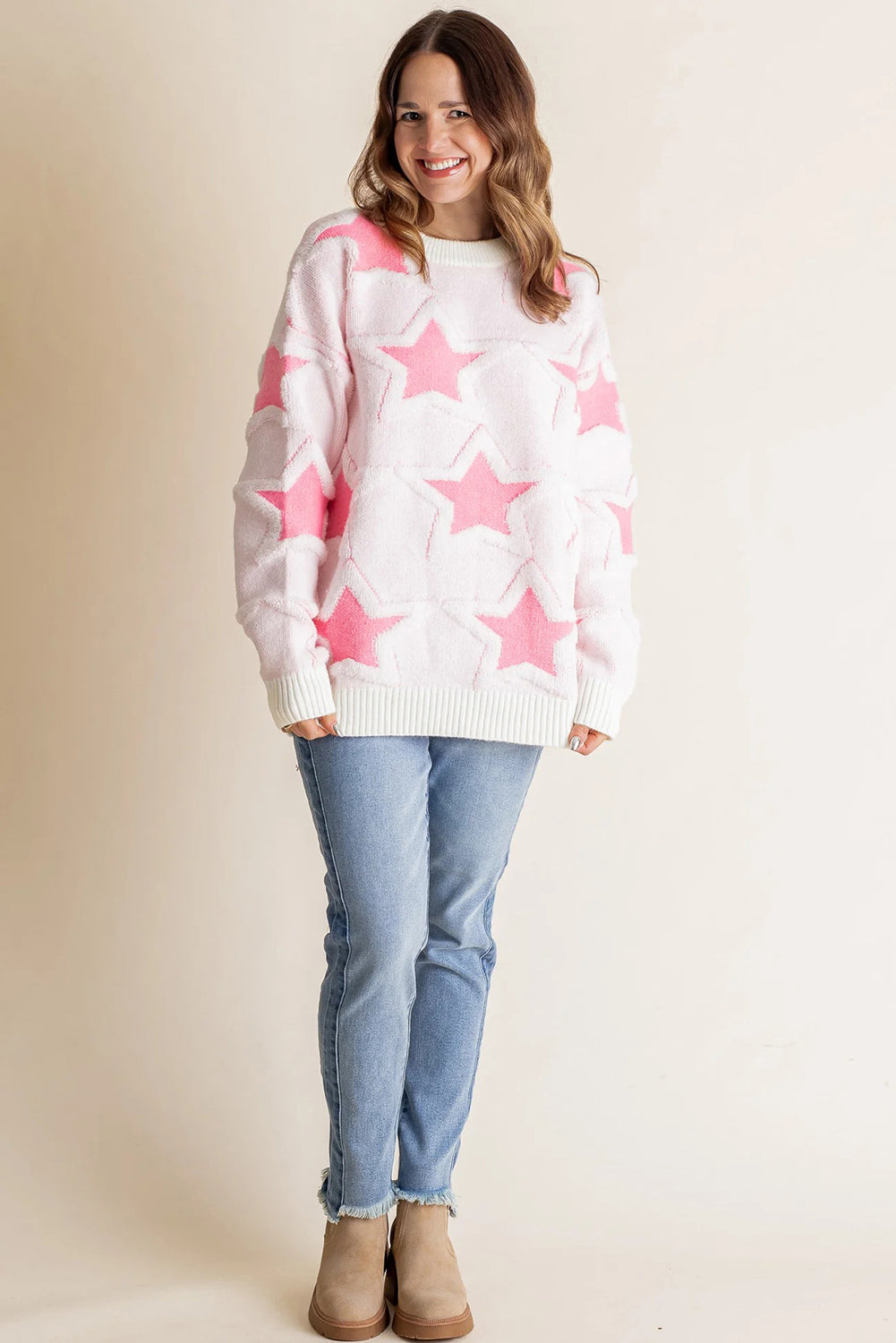 Sachet Pink Star Pattern Drop Sleeve Loose Sweater d6ab52cc16296881