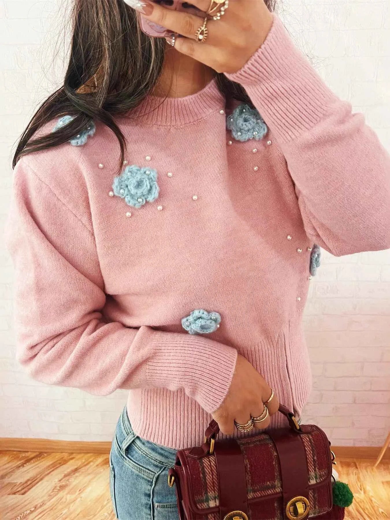 Flower Pearl Detail Ribbed Hem Sweater Pink One Size d6ac4d462fc94f7fb87f7557e7199aa2-Max-Origin