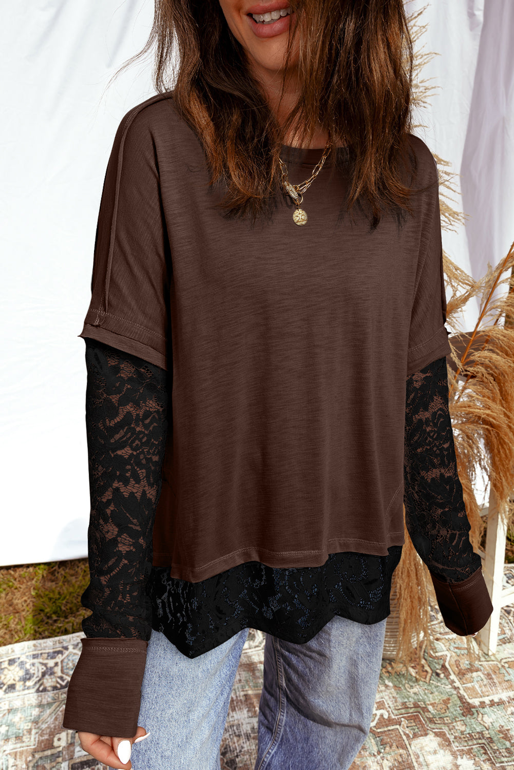 Light French Beige Sheer Lace Patchwork Casual Long Sleeve Tee Dark Brown 65%Polyester+35%Cotton d6c66d518e300575
